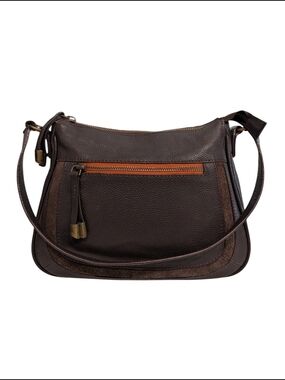 Eddie Bauer Brown Pebbled Leather Hobo Shoulder Bag Brass Zip Y2K